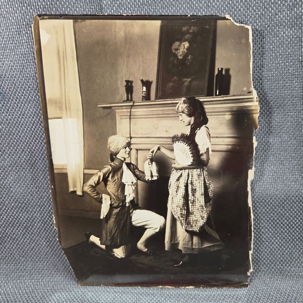 Antique 1920s Studio Photograph Theatrical Play Costumed Actors Fireplace 7.5X10